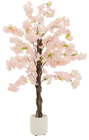 ML-Design Árbol de Cerezo Artificial 120 cm Planta Grande Realista con Tronco de Madera Natural en Maceta, Decorativo con Flores Rosas, Interior/Exterior para Hogar y Oficina, Fácil de Cuidar