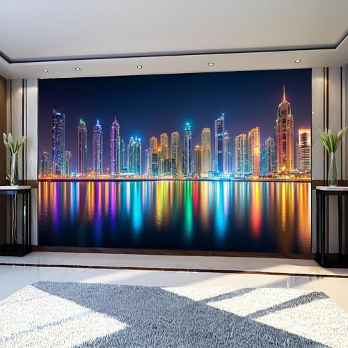 Fotomural Ciudad de Nueva York 300 x 210 cm Vista Nocturna Papel Pintado Fotográfico Tejido No Tejido para Sala, Dormitorio u Oficina