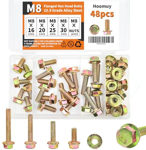 Hoomuy M8 x 16mm 20mm 25mm 30mm Heavy Duty Flanged Hex Head Bolts and Nuts, Flange Hexagon Head Screws, 10.9 Grade Alloy Steel, Yellow Zinc Plated, Metric Fully Thread, Assortment Kit 48Pcs