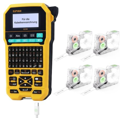 SUPVAN G15M Etiquetadora Industrial con 4 Rollos de Etiquetas | Compatible Bluetooth/Teclado, Pantalla LCD Retroiluminada, Recargable, para Entornos Industriales, Eléctricos, Mantenimiento