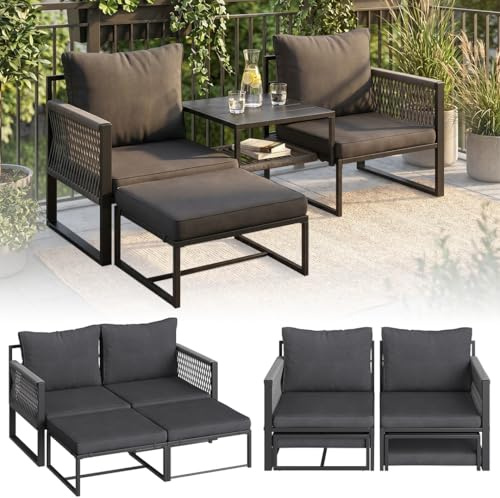 STEELSØN Tyranis Gartenmöbel Set Outdoor 4-TLG inkl. Tisch mit Ablage & Hocker – multifunktionales Balkonmöbel Set mit 6 Kissen – Sitzgarnitur Sessel für 4 Personen – dick gepolstert – Metall schwarz
