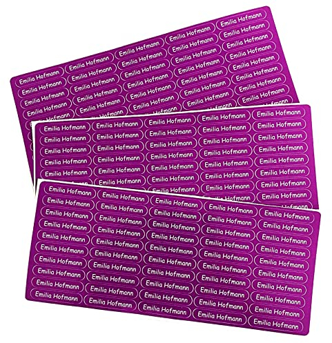Indigos UG Namensaufkleber Kinder Schule - 150 Sticker - 36x7 mm - Aufkleber selbst gestalten - Namensschilder selbstklebend Kindergarten, Sticker KITA, Brotdose, Flasche, Federmappe, Stifte - lila