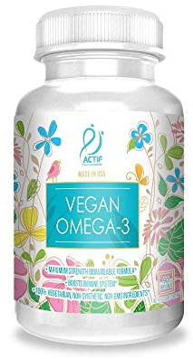 Actif Vegan Omega-3, High Strength Algae Oil Formula, 100% Natural, Organic DHA, EPA, Omega-3 - Non-GMO, 90 count