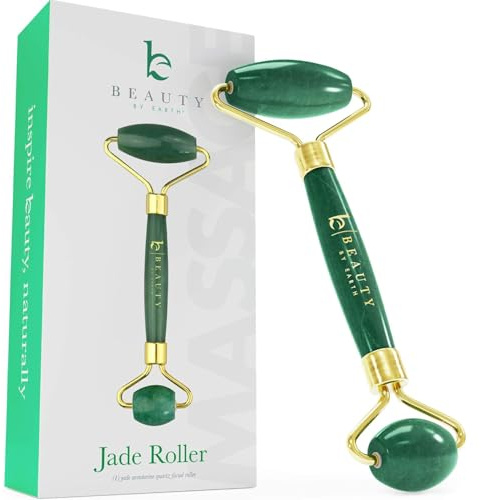Beauty by Earth Jade Roller for Face - Smoothes Fine Lines & Wrinkles, Face Massager Skin Care Tools with Small Eye Roller for Puffy Eyes, De-Puffing & Firming Facial Tool, Self Care Gifts for Women