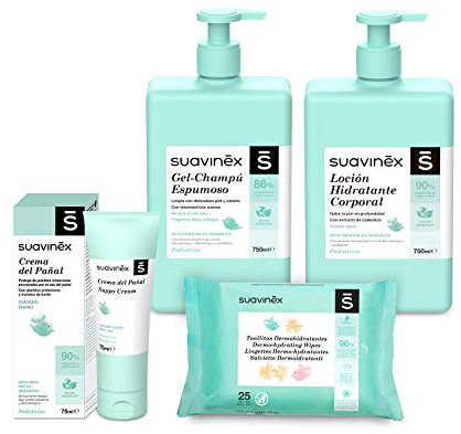 Suavinex, Pack Cosmética Gran Formato. Incluye: Gel-Champú Suave 750 ml + Leche Hidratante 750 ml + Pomada Pañal 50 ml + Pack Toallitas 25 uds. Pack Bebé Recién Nacido, 4 productos