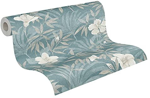 Carta Da Parati Floreale Cuba tessuto non tessuto 10.05 m x 0.53 m Beige Blu Prodotto in Germania A.S. Création 380285 38028-5