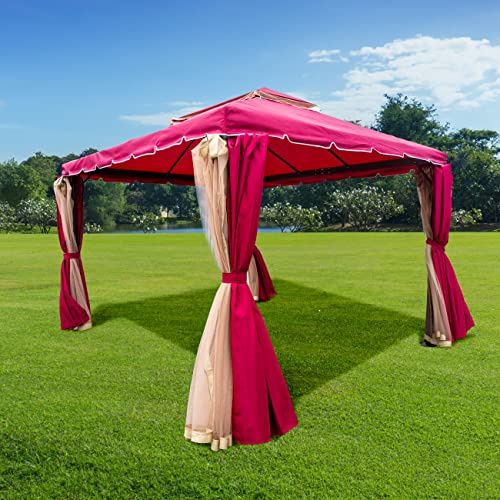 3m x 4m Garden Gazebo with Curtains & Mosquito Netting – Heavy-Duty Aluminium Frame, Waterproof Double Roof Patio Canopy, Outdoor Pavilion Tent for Backyard, Parties, Weddings