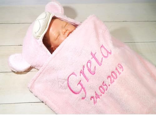 Generisch Babydecke mit Kapuze Bär – personalisierte Kuscheldecke rosa mit Name – Geschenk zur Geburt & Taufe – weiche Kapuzendecke für Neugeborene Mädchen (Rosa - Teddybär)