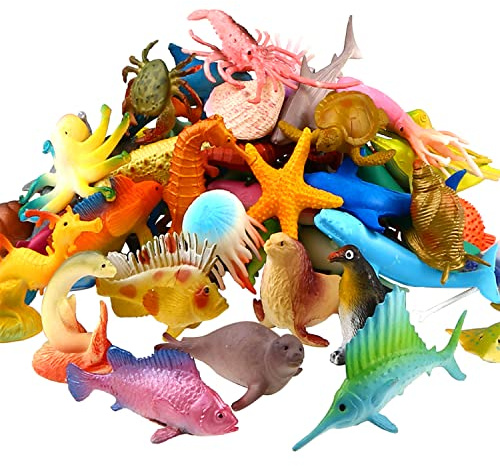 Animaux Marins, Ensemble Jouet Animaux en Plastique Cynil Min Assortis, Jouets Réalistes Vie sous La Mer Figurine Bain Jouets pour Enfant Eductif Fête Gâteau Cupacke (Pack 52)
