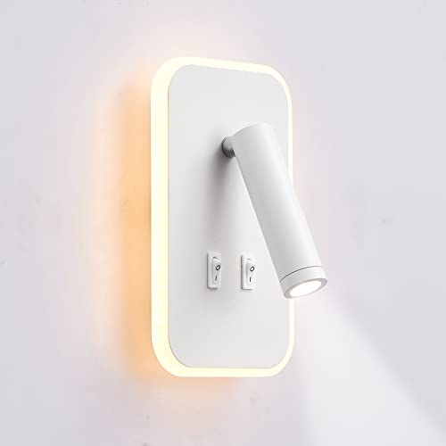 uksunvi LED Wall Mounted Lamp,Bedside Reading Wall Light,12W LED Wall Lamp, Adjustable Spotlight （3W +9W 3000K Warm Light） (White Rectangle)