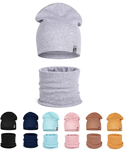 HEYO Kinder Beanie Mütze Schlauchschal Set für Mädchen Jungen Frühling Strickmütze Schal (Grau)