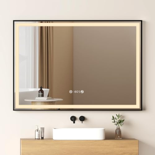 EMKE Badspiegel mit Beleuchtung 100x70cm, schwarzer Badezimmerspiegel mit Touch, Dimmbar, Antibeschlag, Uhr, Memory-Funktion und Neutrales Licht 4300K, energiesparend Wandspiegel IP44