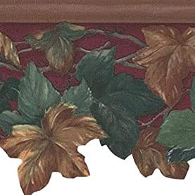 CONCORD WALLCOVERINGS ™ Wallpaper Border Vintage Pattern Vine Leaves, Die Cut Edge for Living Room Dining Area Kitchen Cottage, Burgundy Green Brown, 15 Feet by 4.5 Inches 164901