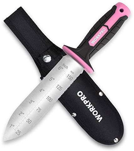 WORKPRO Hori Hori Garden Knife, 7 Stainless Steel Blade with Cutting Edge, Garden Tools with Oxford Sheath, Ergonomic TRP Handle with Hanging Hole for Weeding, Planting, Digging, Pink