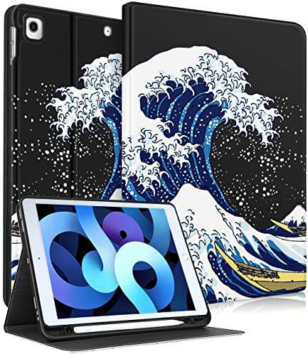 Uppuppy for iPad 9th/8th/7th Generation Case 10.2 Inch Cute Boys Kids Folio Smart Cover with Pencil Holder Great Wave Design Men Teens Unique Cases for iPad 7/8/9 Gen A2602 A2270 A2197