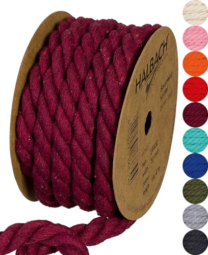 Halbach Seidenbänder Cordón de algodón Reciclado, Ancho: 10 mm/Longitud 4 Metros, Hilo de algodón sostenible para macramé, cordón Natural para Manualidades, Color: Rojo Vino