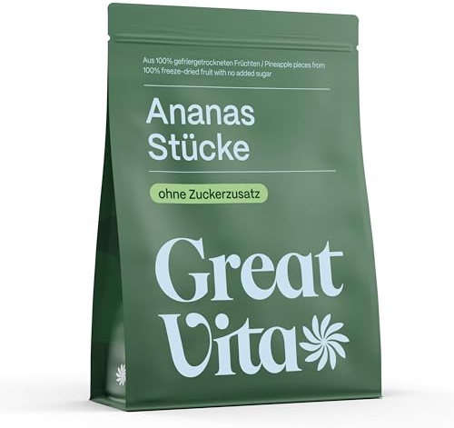 GreatVita Ananas Stücke gefriergetrocknet 250g - knusprige Ananas Chunks ohne Zuckerzusatz - gefriergetrocknete Früchte - Freeze-Dried Pineapple - Snack & Topping für Müsli, Joghurt & Smoothies