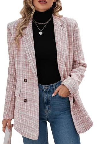 Mina Self Plaid Tweed Blazer Jacket for Women 2024 Fashion Elegant Open Front Casual Work Office Pocket Suit Coat(S-XXL), Plaid/Pink, XL