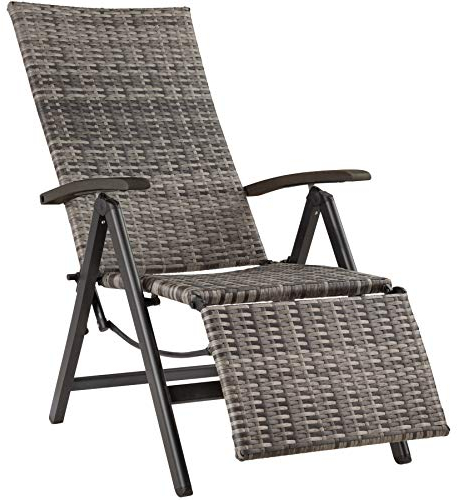tectake® Alu Polyrattan Gartenstuhl mit Armlehnen, Campingstuhl mit 6-Fach Verstellbarer Rückenlehne, klappbar, Relaxsessel mit Liegefunktion, wetterfest, Klappstuhl mit Fußablage - grau