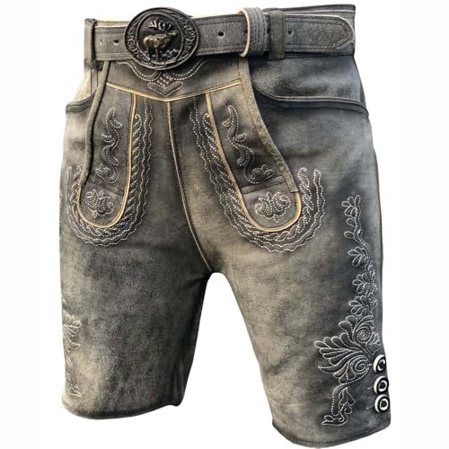 Trachten Lederhose Kurze Herren Lederhose Oktoberfest Lederhose mit Gürtel, Antik Smoke 46-58 (56)