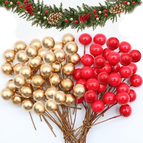 Scettar 210 Pezzi Natale Bacche, Bacche di Agrifoglio Artificiali, Natale False Bacche, Natale Oro Rosso Rami di Bacche, Decorazioni Ghirlanda di Natale, Decorazioni di Bacche di Agrifoglio di Natale