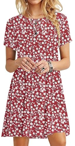 MOLERANI Robe d'été pour Femme Robe t-Shirt décontractée à Manches Courtes Robe de Plage pour Femme Fleur Rouge M