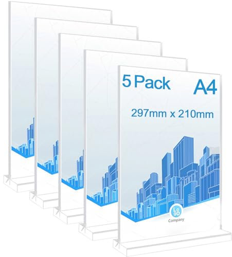 LOSYHU 5Pcs Acrylic Sign Holder A4 Plastic Display Stands T Shape A4 Perspex Poster Menu Holder Clear Poster Picture Frame for Promotion, Exhibition, Picture, Menu and Wedding