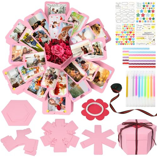 Koogel Explosion Geschenkbox, Rosa Explosion Geschenkbox Set mit Scrapbooking Zubehör Kreative Fotoalbum Geschenke für Jahrestag Valentinstag Hochzeit
