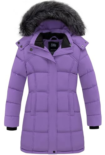 ZSHOW Girls' Puffer Coats Waterproof Mid Length Winter Jacket Warm Snow Coat (Purple,10-12)
