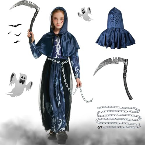 Joellfuner Deguisement Halloween Faucheuse Fille, Costume de Faucheuse pour Enfant avec Faucille Chaîne, Costume Faucheuse Cape Noire Halloween à Capuchon pour Carnaval Fête de Cosplay (7-9 ans)