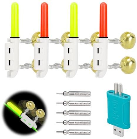Carseatty 4 Stück LED Posen Angeln mit Bissanzeiger, Bissanzeiger Angeln, Knicklichter Angeln mit Schnalle, LED Knicklicht Angeln Nachtfischen Swinger mit Ladegerät und Akku (1)