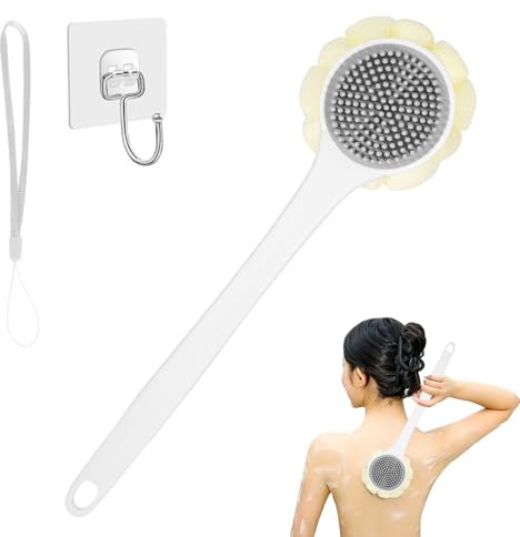 KXF Silicone Loofah Body Brush Scrubber 37cm Long Handle Double-Sided Shower Back Scrubber Bath Body Wash Brush with Soft Loofah and Stiff Silicone Bristles Gentle Exfoliating Skin Shower Exfoliator