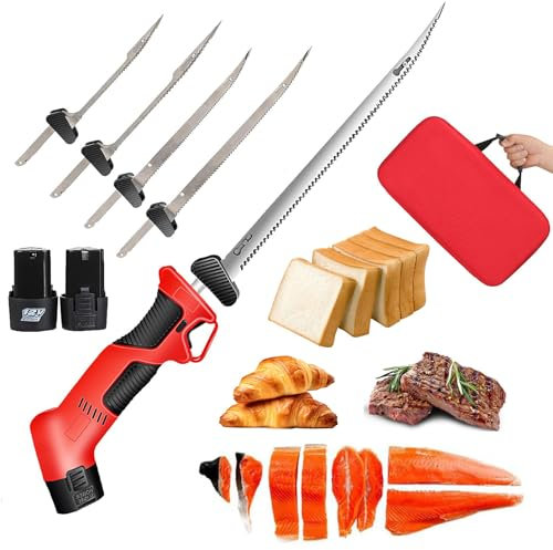 Cuchillo de filete eléctrico para pescado cuchillo alimentado por batería con mango antideslizante 12V Cuchillas alternativas Cuchillo de pan serrado con 4 cuchillas y 2 baterías para pavo Roast beef