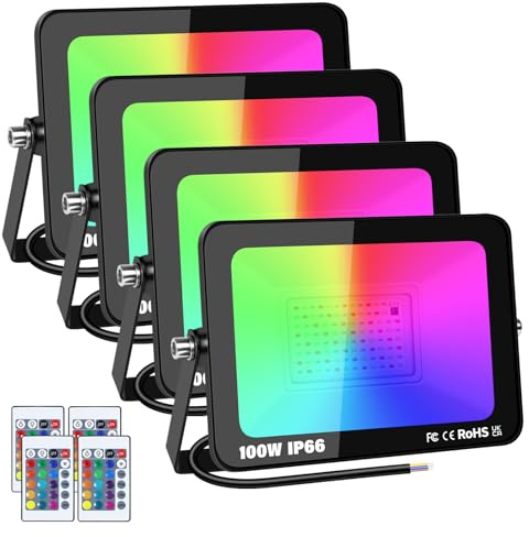 YOJZMA 4pcs 100W RGB Projecteur LED Extérieurs avec Télécommande | 16 Couleurs, 4 Modes, Fonction Mémoire, 175-265 V, IP66 Etanche, Exterieur Interieur Projecteur pour Jadin, Patio, Fête