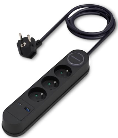 Waytex 52133 Multiprise Electriques et USB + USB C, 3 Prises électriques 16A 2P+T, 1 USB A + 1USB C PD20W, Câble 1,50m, Sécurité Enfant, CE NF, Noire