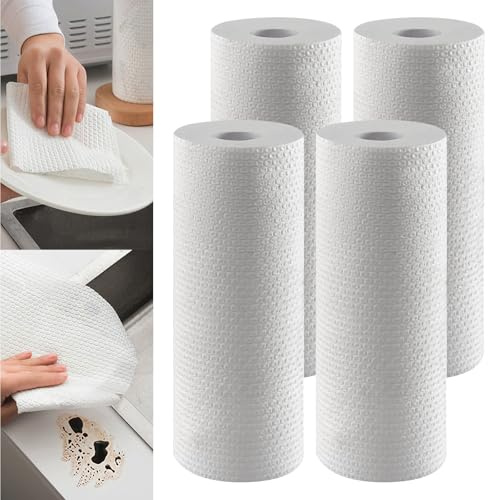 Lot de 4 rouleaux de papier essuie-tout jetables pour la cuisine - Multi-usages, durables, pour la cuisine et le nettoyage quotidien - Absorbants et non gras (blanc, 50 feuilles par rouleau, 20 x 25