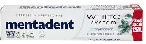Mentadent White System Dentifricio, con Minerale Sbiancante di Orgine Naturale, Bicarbonato e Fluoro, per Denti più Forti e più Bianchi, Formula Delicata, 125 ml