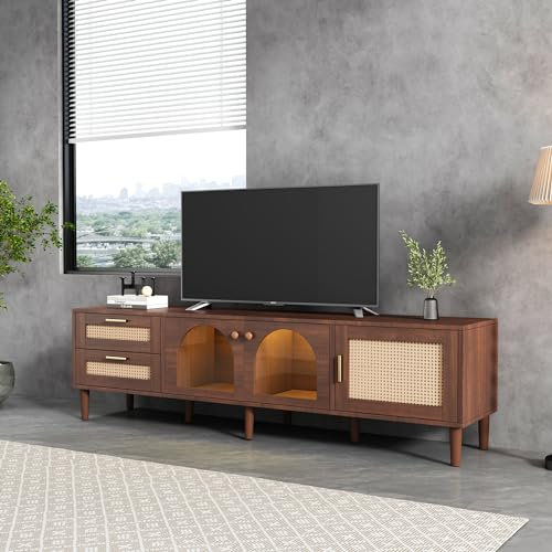 Doyisy 180 cm brauner TV-Schrank für 80-Zoll-Fernseher – mit 2 Rattan-Schubladen, 2 gewölbten Glastüren und 1 Rattan-Tür, LED-Beleuchtung, bietet stilvolle Aufbewahrung, TV-Board
