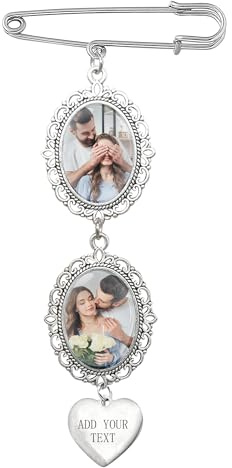 WERWAES Memorial Anhänger Brautstrauß Foto Brosche, Personalisierte Charm Pins Brosche Hochzeit Andenken, Geschenk für Frauen Mama Papa, Personalisiert mit Fotos und Text