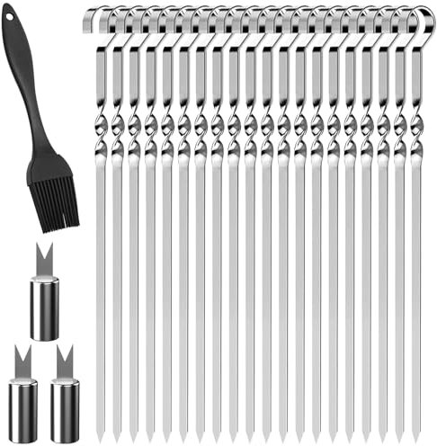 20 Pcs Kebab Skewers Stainless Steel, 30cm Flat Metal BBQ Skewers with 3 Corn on The Cob Holders and Oil Brush, Reusable Kebab Skewer for Grilling, Air Fryer, BBQ & Oven