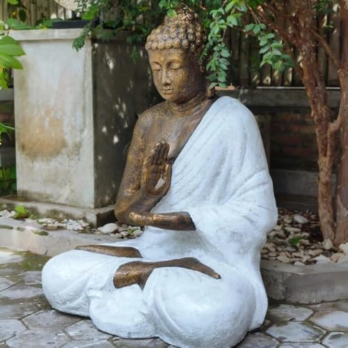 LEBENSwohnART Dekorative Figur Buddha Protect 120cm Weiss-Gold Garten Indoor Outdoor Handarbeit