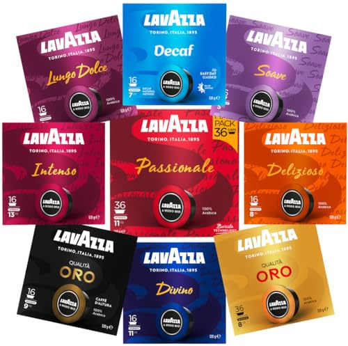 Lavazza, A Modo Mio, Assortiment de Capsules de Café, 100% Arabica, Intensité 5 à 13, 184 capsules AMM, Passionale, Intenso, Delizioso, Dek, Soave, Lungo Dolce, Divino, Oro, Oro Altura
