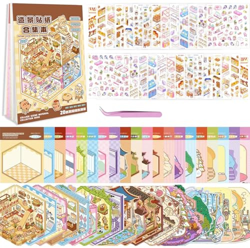 20 Sets DIY 3D House Stickers Scene Kit, Sticker Therapy, Stress Relief Creative Scene Reusable Sticker Book with 30 PET Stickers, 20 Miniature Cabins, 1 Tweezer, Gift for Adults Kids Girls Boys Teens