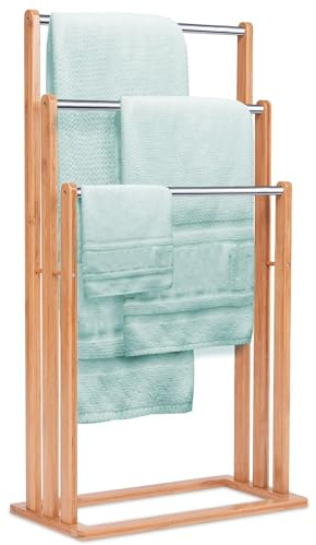 FANTASK Handtuchständer freistehend, Badetuchhalter Bambus mit 3 Edelstahl Stangen, Standhandtuchhalter für Bad- und Handtücher, 46 x 24 x 82,5 cm (Natur)