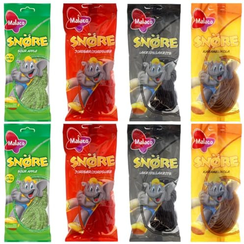 Malaco Snöre Mix 8×94 g | 2× Sour Apple, 2× Karamell, 2× Erdbeer, 2× Lakritz | Weiche Süßigkeiten-Schnüre | Skandinavische Candy-Strings | Party, Schule & unterwegs (insg. 752 g)