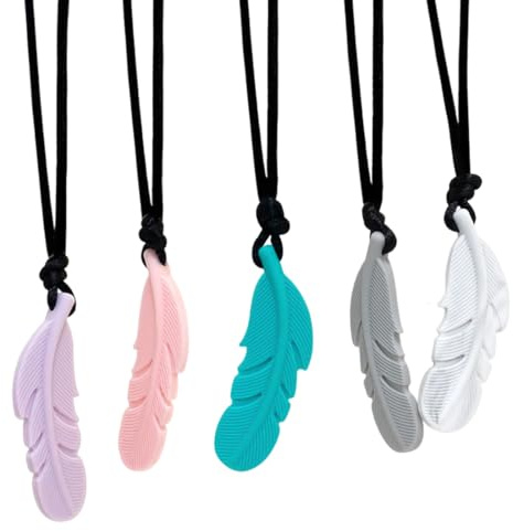 UIEXAY Confezione da 5 collane sensoriali, Giocattolo da Masticare in Silicone per alleviare l'ansia, Giocattolo sensoriale per Bambini con autismo, Sviluppo motorio Orale, ADHD, SPD (Piuma)