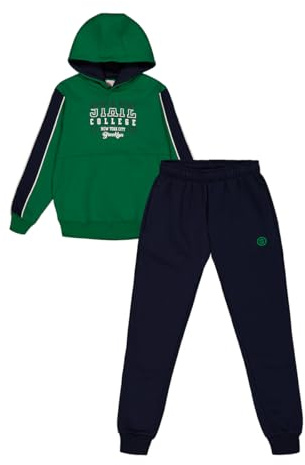 ALPHADVENTURE - Tuta da bambino completa, set sportivo, set 2 pezzi, felpa e pantaloni sportivi, tuta da scuola - taglie dai 6 ai 14 anni., Verde e blu, 10 anni
