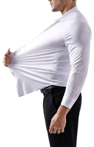 Muscle Fit Long Sleeve Dress Shirt for Men, Stretch Solid Non-Iron Anti-Wrinkle Shirts, Lapel Elastic Blouse Business Tops (White,XL)