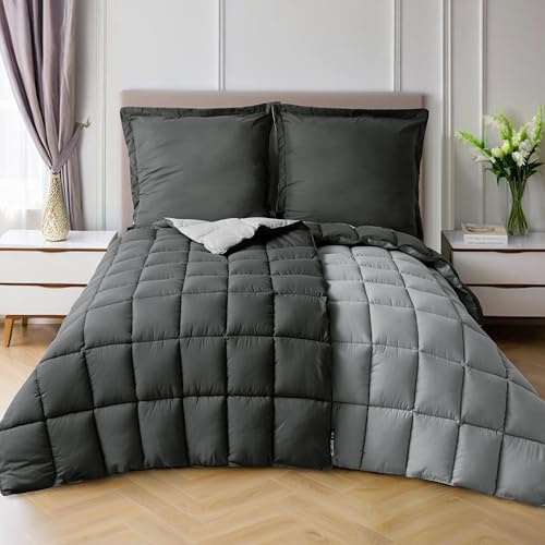 HIG Bettdecken Set 4-teilig mit 2X Steppdecke 135x200 cm und 2X Kissenbezügen 80x80 cm – Oeko-TEX zertifizierte, kastenförmig genähte Daunenalternative Sommerdecke in Grau (150 GSM)