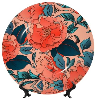 PHAYAH Blooming Dahlia Pattern Bone China Decorative Plate 7in Decorative Plates with Display Stand Round Dinner Plates for Home Office Decor